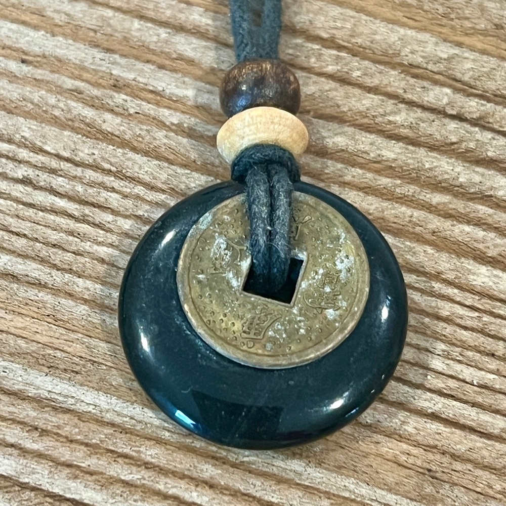 Vintage Chinese Lucky Coin Donut Pendant Necklace • Obsidian/Agate Stone